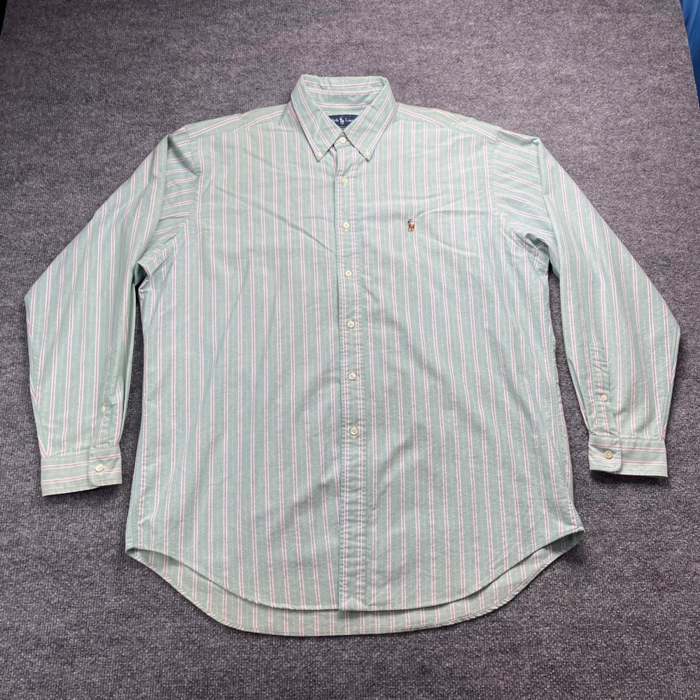 Vintage Ralph Lauren Classic Fit Striped Oxford Shirt Green Purple Mens XL